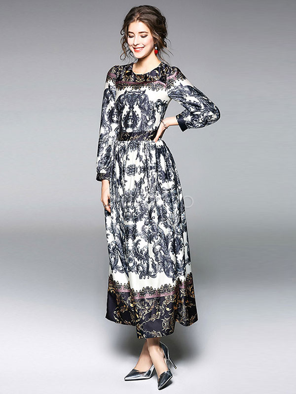 Women Maxi Dress Chiffon Printed Long Sleeve Spring Dress - Milanoo.com