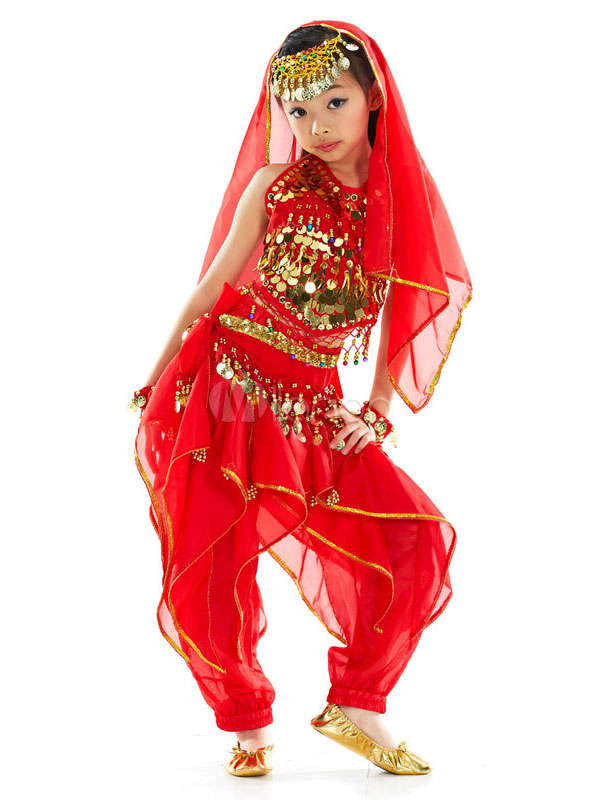 Belly Dance Costume Kids Red Chiffon Belly Dancing Clothes 6 Pieces