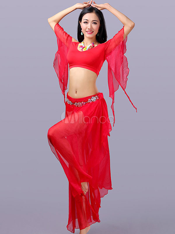 Belly Dance Costume Chiffon Red Crop Top With Skirts Bollywood Dance ...