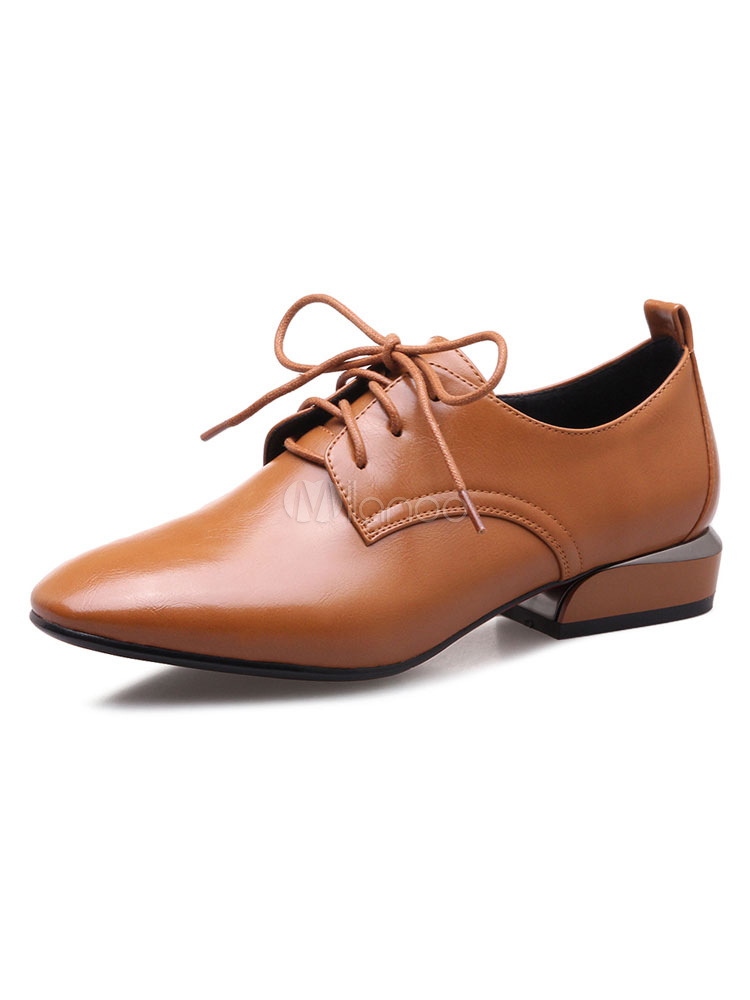 Brown Casual Shoes Women Square Toe Lace Up Oxford Shoes - Milanoo.com