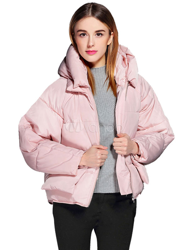 Women Winter Jacket Pink Hooded Long Sleeve Pockets Short Puffer Coat ...