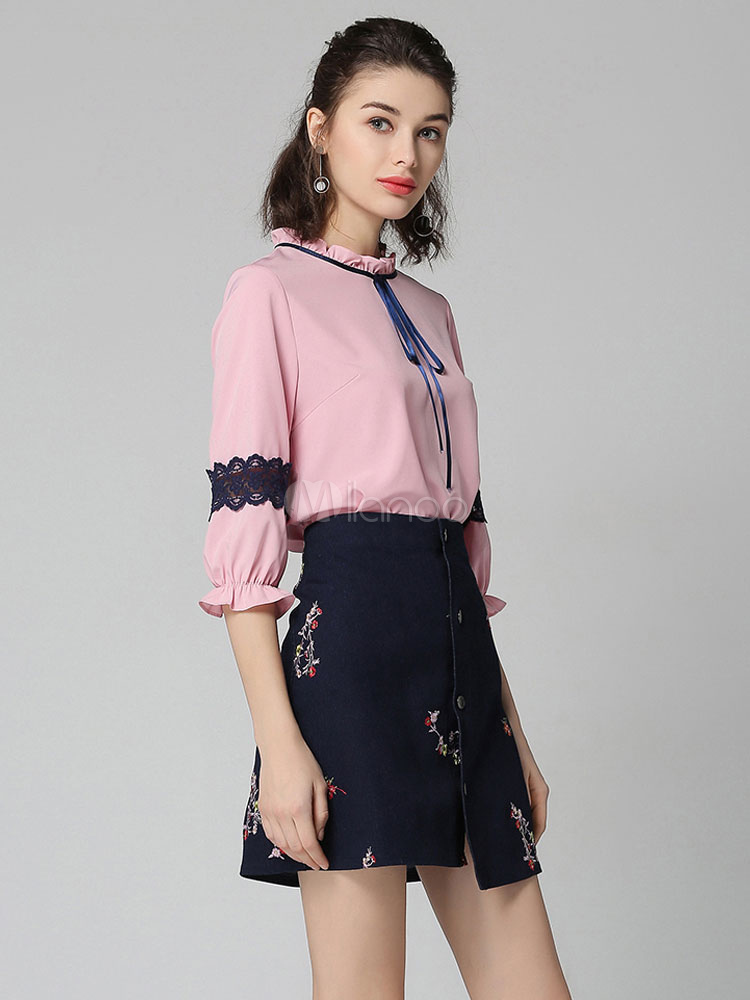 Women Skirt Set Lace Embroidered Pink Top With Denim Skirt - Milanoo.com