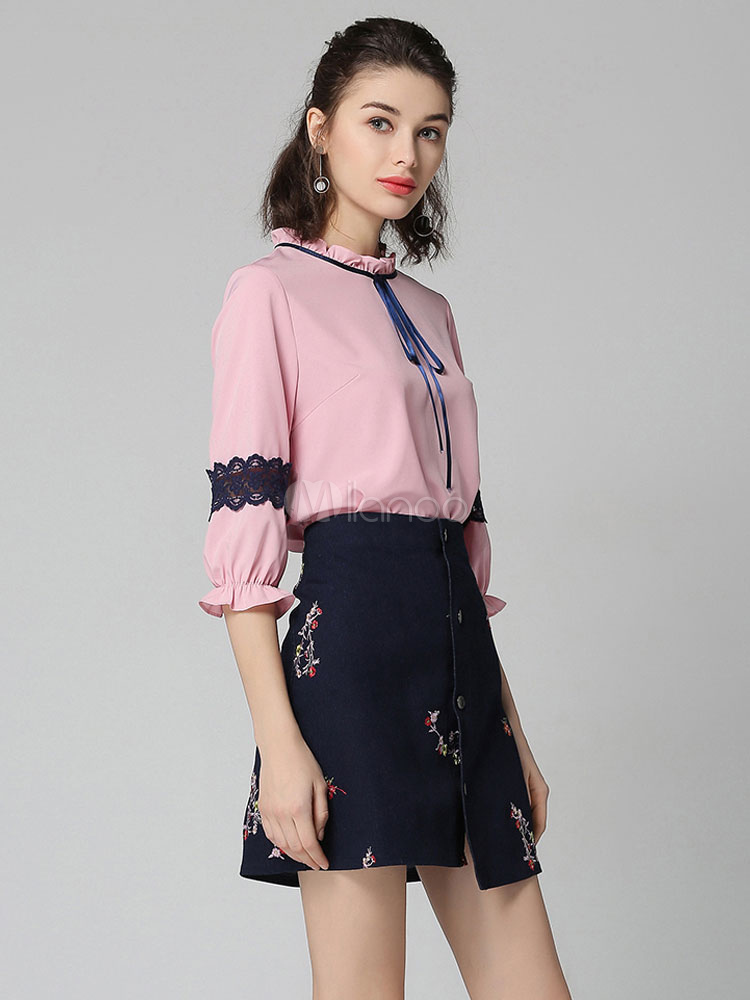 Women Skirt Set Lace Embroidered Pink Top With Denim Skirt
