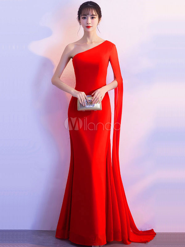 Vestido largo rojo Color liso con manga larga de poliéster para moldear el cuerpo con abertura lateral con escote a un solo hombro Vestido largo rojo Color liso con manga larga de poliéster para moldear el cuerpo con abertura lateral con escote a un solo hombro