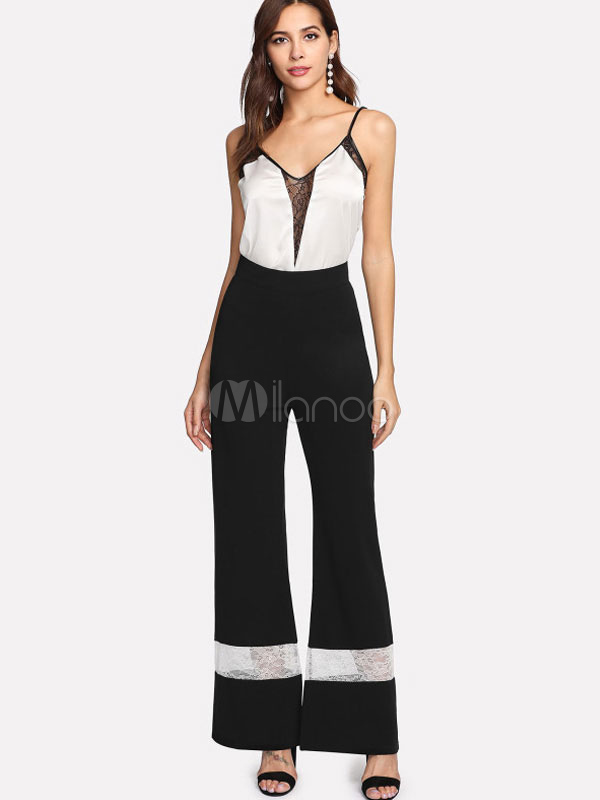 Eleganti Con Di Neri Pantaloni Poliestere Pizzo TanOw