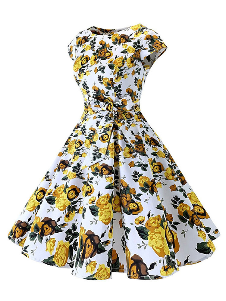 Fascinante robe vintage jaune élégante moyenne imprimé fleurie col rond