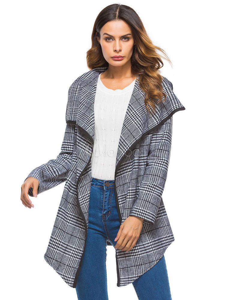 Women Waterfall Jacket Long Sleeve Plaid Spring Jacket - Milanoo.com