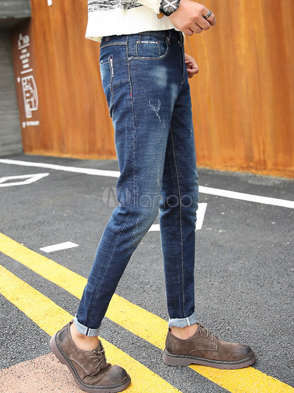 Cuffed Jeans Blue Scratch Straight Leg Denim Jean For Men