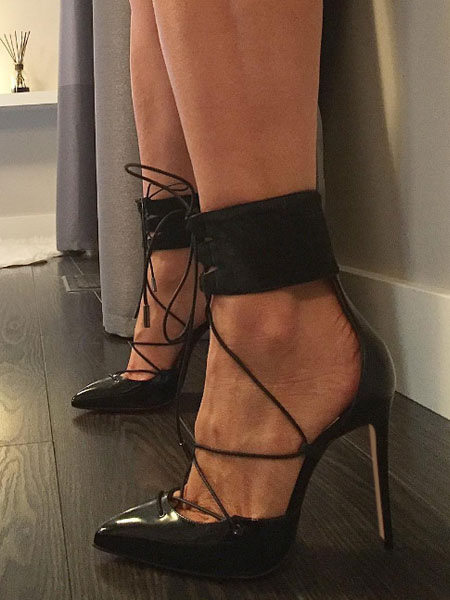 black pointed toe lace up heels