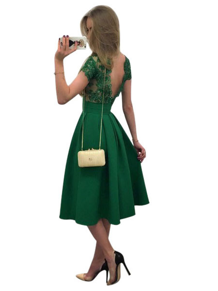 Women Skater Dress Green Round Neck Short Sleeve Pleated Flare Dress ...