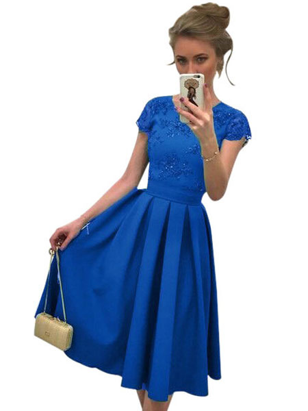 Women Skater Dress Green Round Neck Short Sleeve Pleated Flare Dress ...