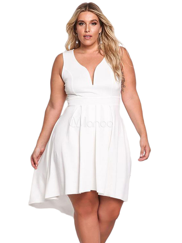 Plus Size Dress Women White Sleeveless High Low Notched Neck Summer ...