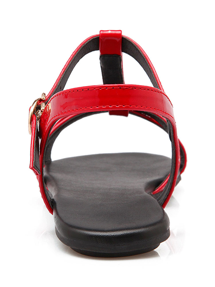 Red Patent Leather T Strap Flat Sandals - Milanoo.com