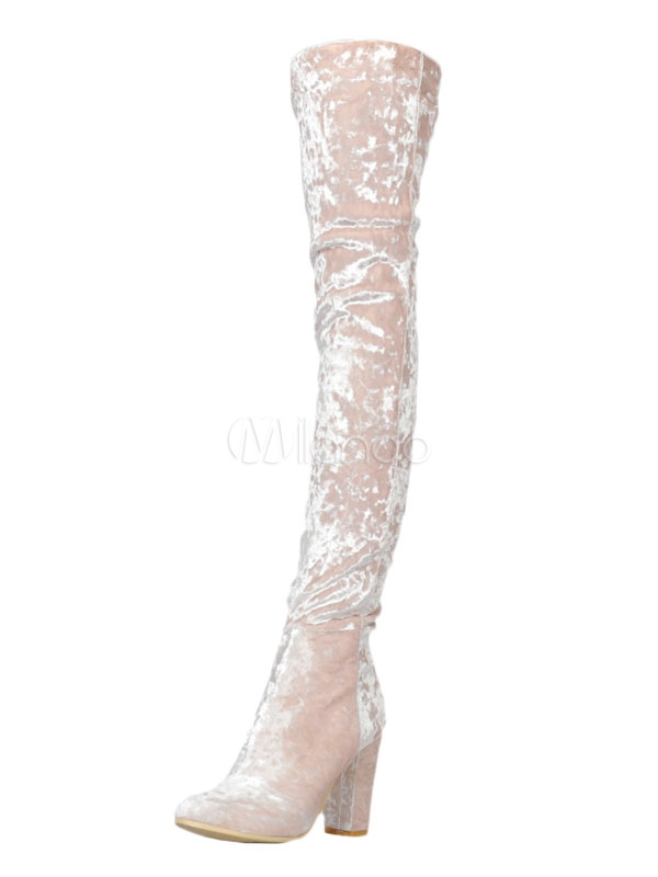 pink velvet thigh high boots