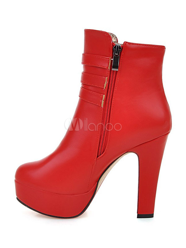 Botas de botines rojos Botines de tacón de punta redonda con detalle de hebilla de plataforma de mujer - Milanoo.com
