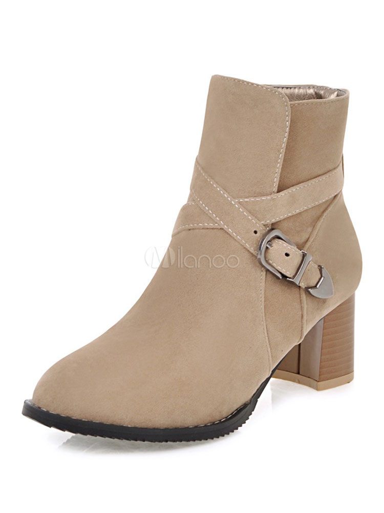 Botines de color caqui Botines de gamuza de las mujeres Botines con detalle  de hebilla de punta estrecha - Milanoo.com