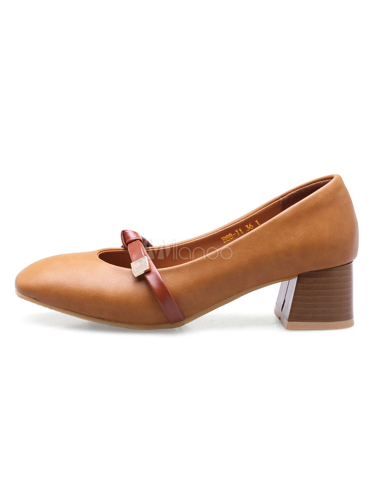 Women Brown Pumps Square Toe Bow Slip On Pumps Chunky Heels - Milanoo.com