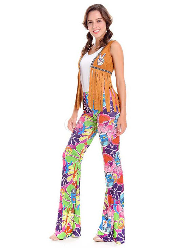 Hippie Costume Halloween Brown Women 3 Pieces Costume Outfit 