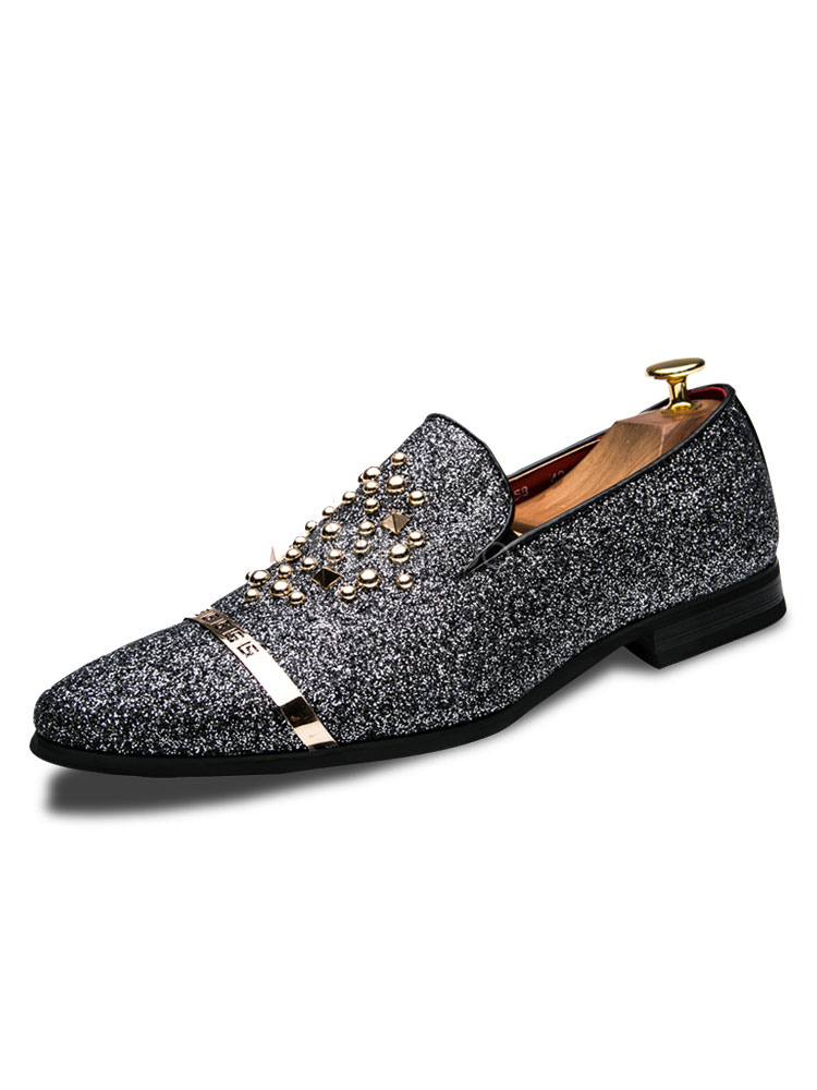 Silver Mens Loafers Glitter Leather 