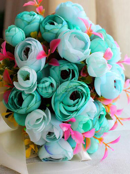 Bouquet De Mariage Fleurs Bleues Rubans Synthétiques à La Main Bouquets De Fleurs à La Main