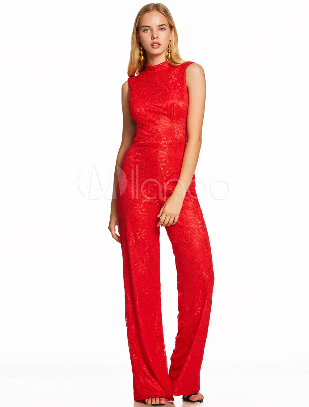 Red Evening Jumpsuits Lace Long High Collar Sleeveless Backless Women ...