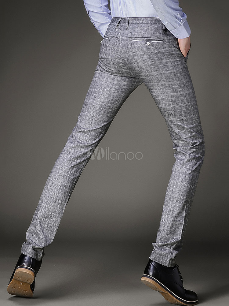 Casual Men Pant Plaid Stretchable Grey Cotton Pant - Milanoo.com