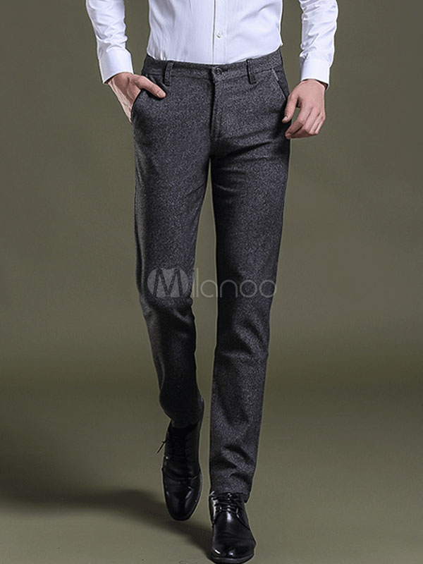 Men Cotton Pant Deep Gray Elastic Business Casual Pant - Milanoo.com
