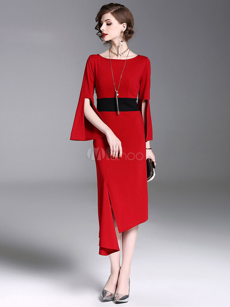 Red Bodycon Dress Long Sleeve Round Neck Split Asymmetrical Spring ...