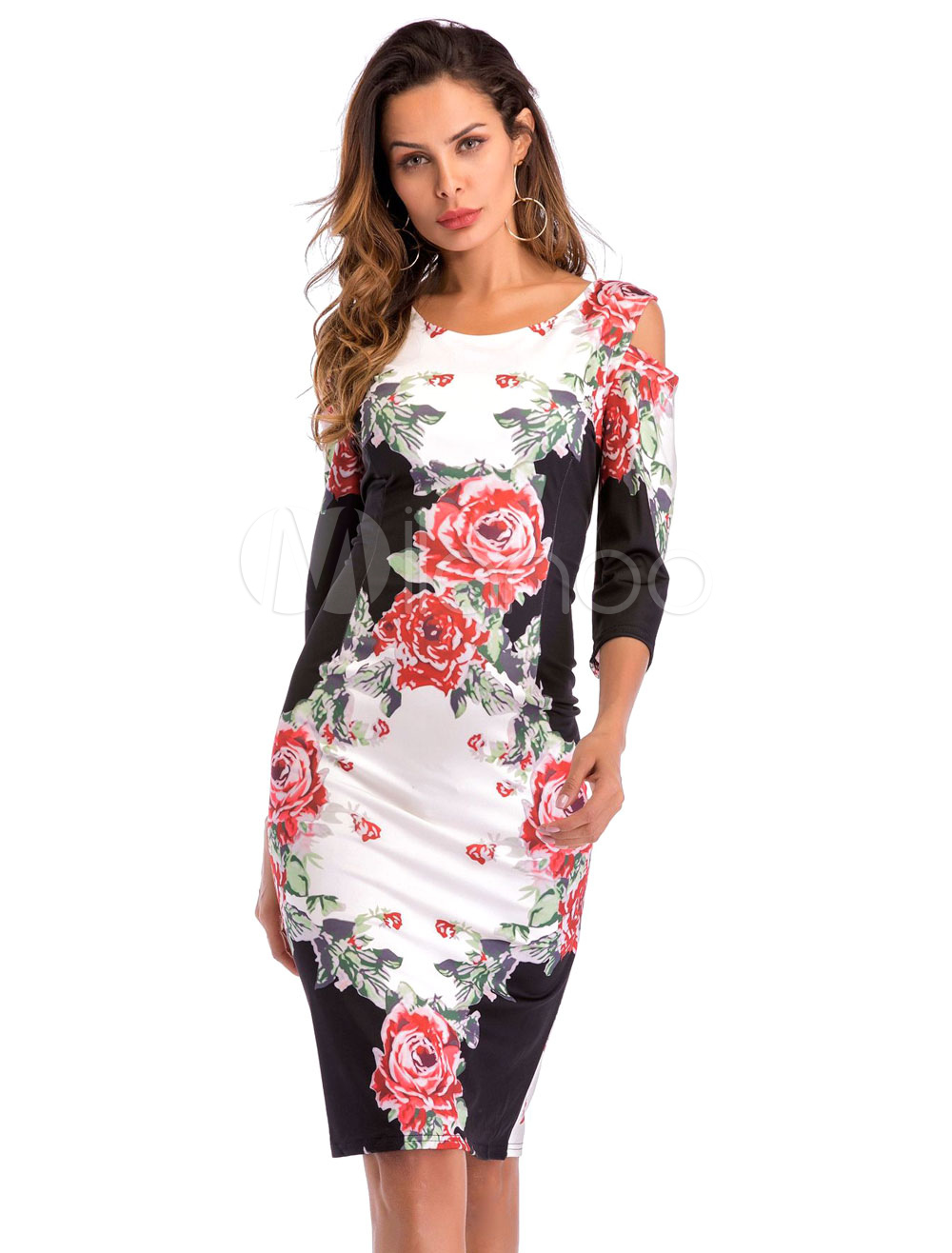 Bodycon Robe Éblouissante robe bodycon en polyester blanc col rond imprimé fleuri ...