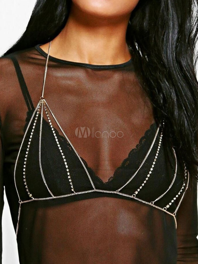 Women Body Chain Sexy Rhinestones Silver Alloy Bralette Body Chain