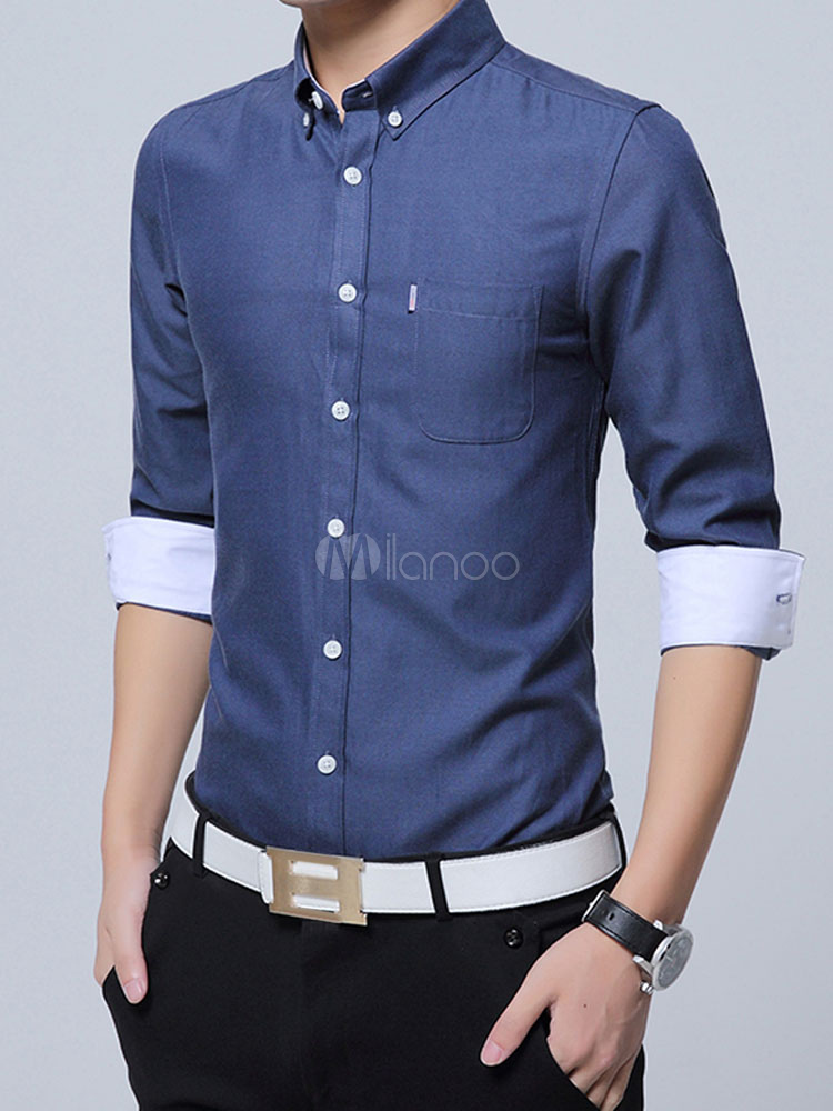 Cotton Dress Shirt Long Sleeve Business Casual Shirt For Men - Milanoo.com