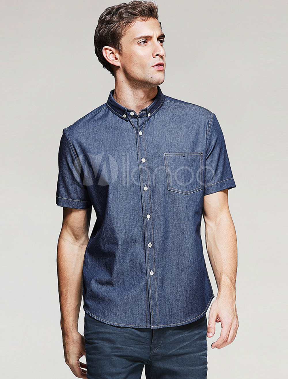 Men Shirt Casual Turndown Collar Short Sleeve Denim Shirt Blue ...