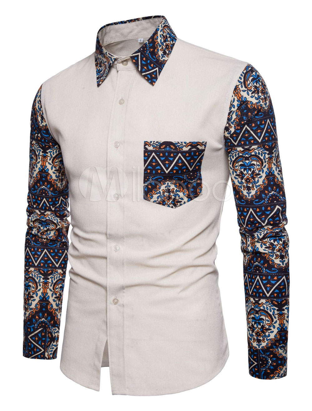 Khaki Men Shirt Ethnic Print Two Tone Pocket Linen Top Long Sleeve ...