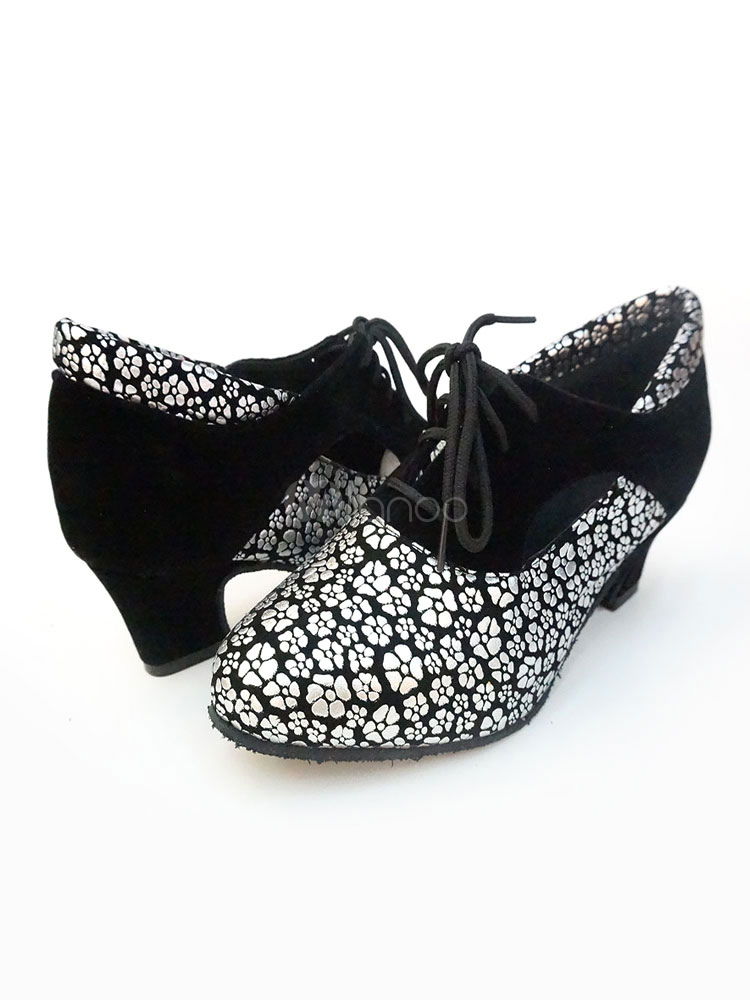 Gold Dance Shoes Round Toe Lace Up Printed Latin Dancing Shoes Ballroom