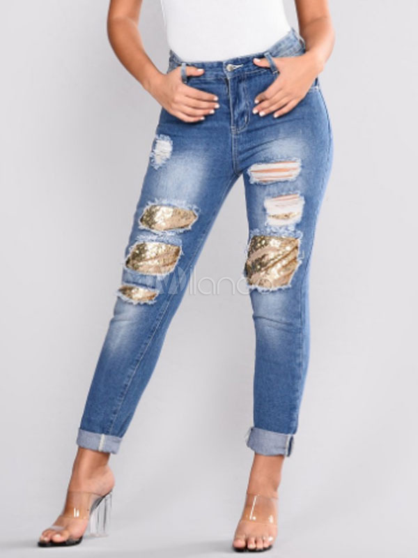 womens ripped jeans with sequins