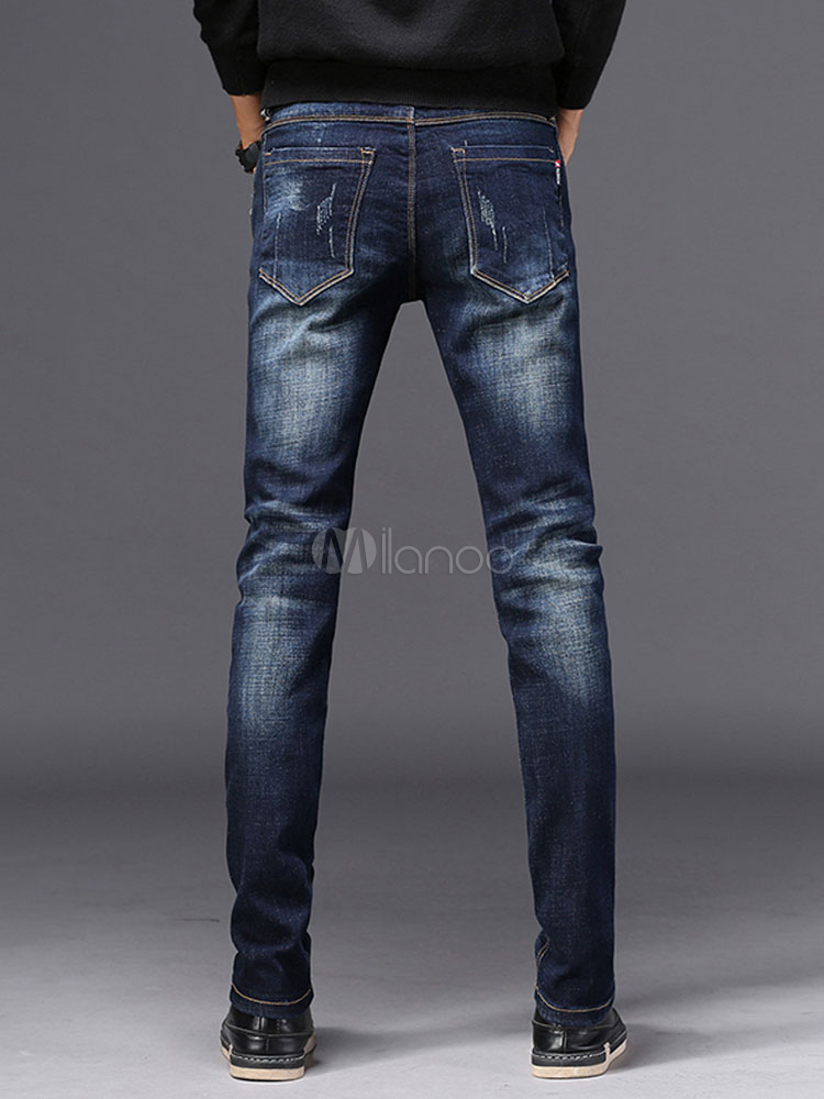 Men Denim Jeans Scratch Distressed Straight Leg Pant - Milanoo.com