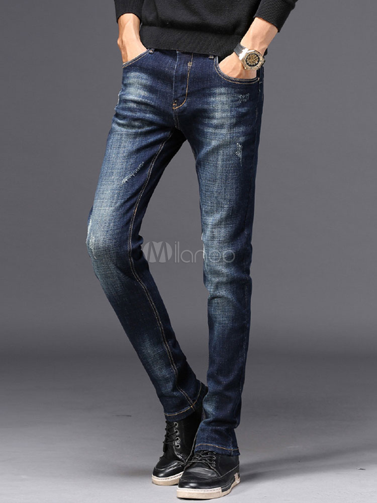 Men Denim Jeans Scratch Distressed Straight Leg Pant - Milanoo.com