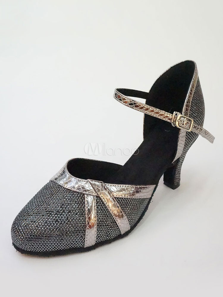 Grey Dance Shoes Glitter Ballroom Dance Shoes Women Round Toe Buckle