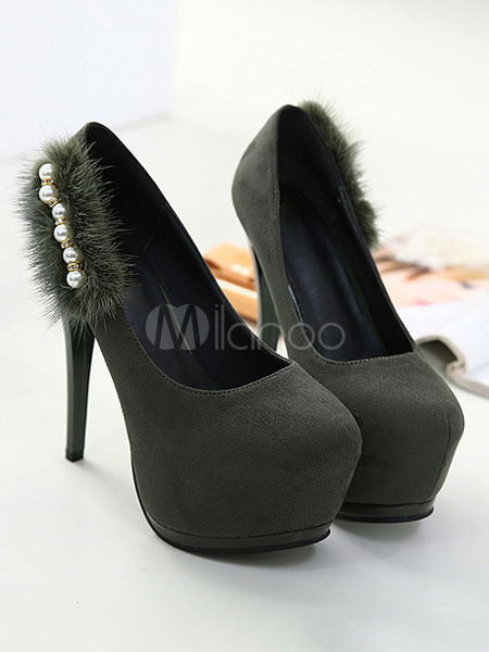 Tacones altos negros Plataforma de gamuza Perlas Detalle Slip On Pumps  Zapatos de mujer - Milanoo.com