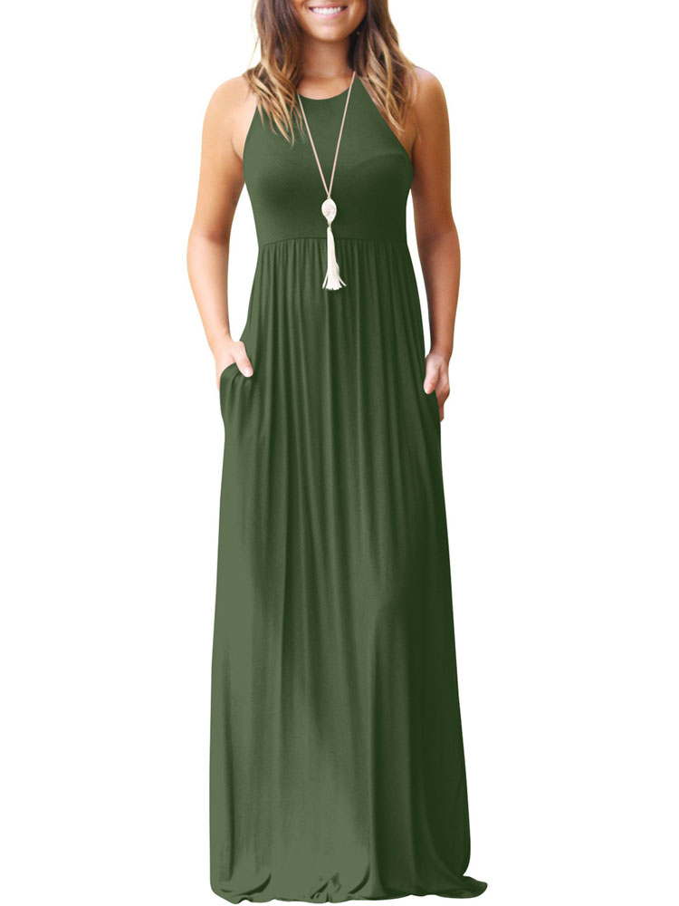 Long Summer Dress Sleeveless Round Neck Hunter Green Maxi Dress ...