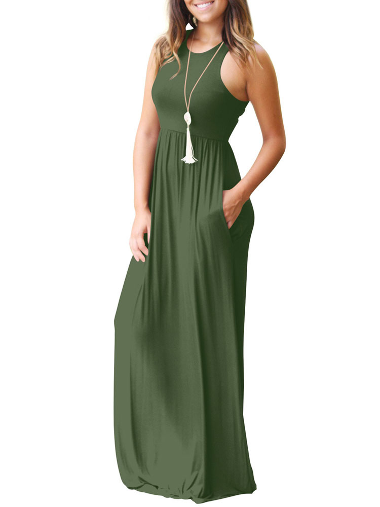 Long Summer Dress Sleeveless Round Neck Hunter Green Maxi Dress