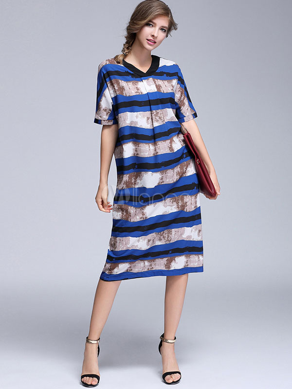 Summer Shift Dress V Neck Short Sleeve Striped Blue Midi Dress ...