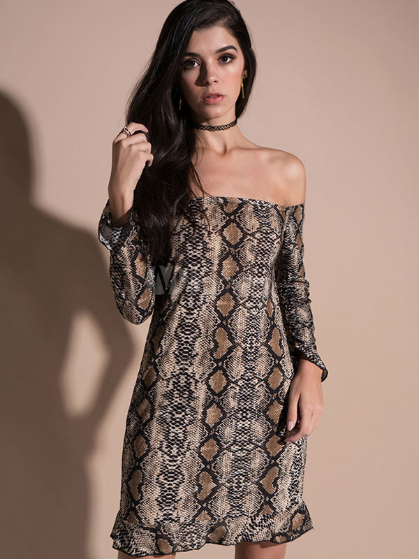 off the shoulder snake print dress