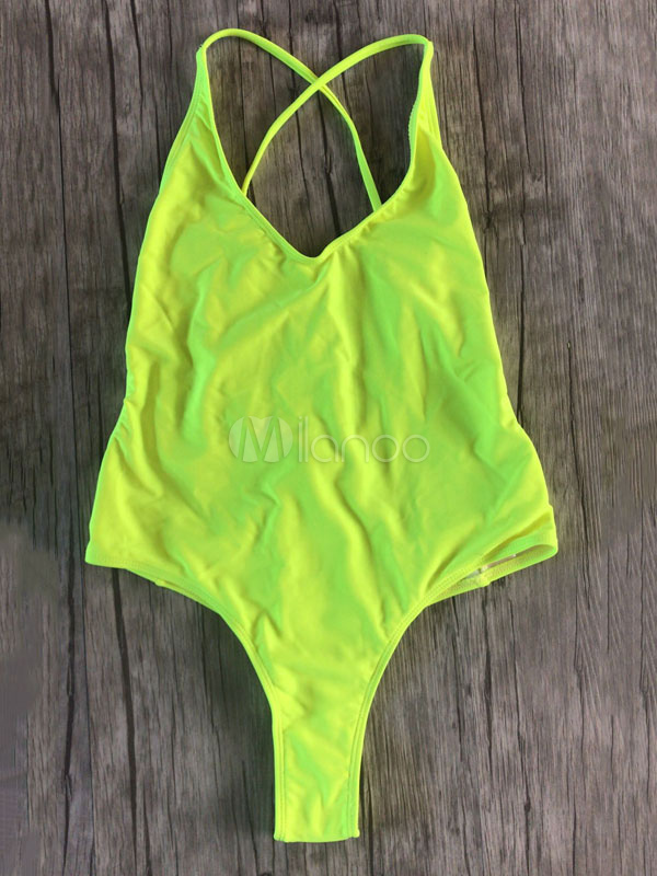 One Piece Bathing Suit V Neck Backless Straps Sexy Neon Green Swimwear