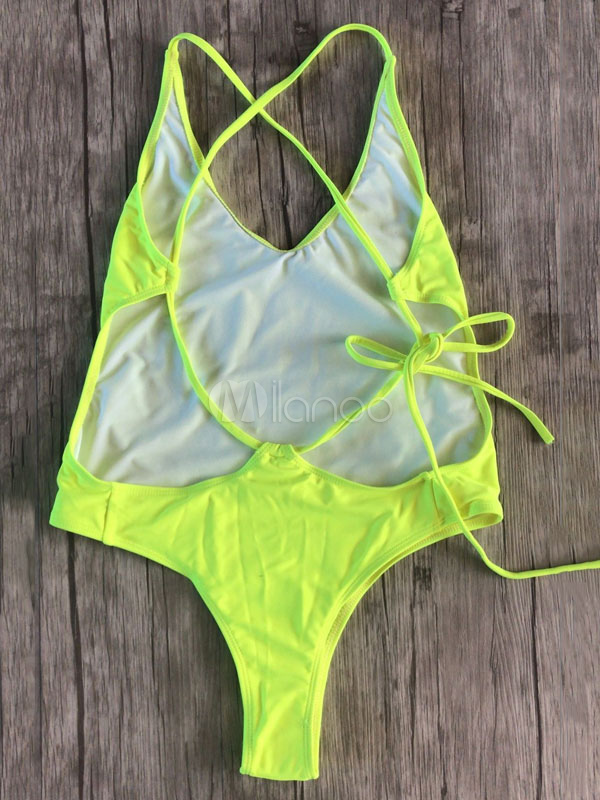 One Piece Bathing Suit V Neck Backless Straps Sexy Neon Green Swimwear