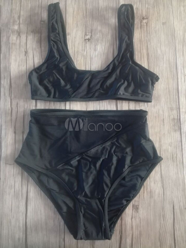 Women Black Swimsuit U Neck High Waist Semi Sheer Sexy Swim Bathing Suit - Milanoo.com