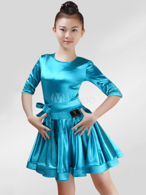 Latin Dance Dresses Kids Costume Satin Half Sleeve Round Neck Sash