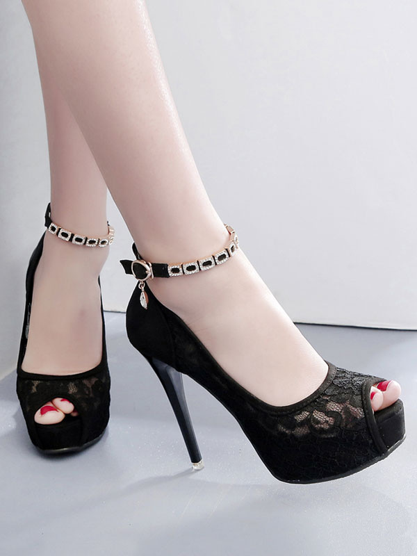 Bridal Shoes Peep Toe High Heels Lace Rhinestones Ankle Strap Platform ...