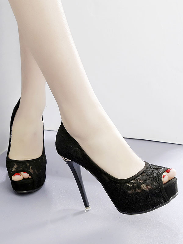 Women High Heels White Peep Toe Slip On Pumps Lace Platform Stiletto ...