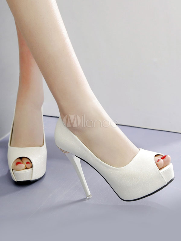High Heels White Peep Toe Platform Slip 